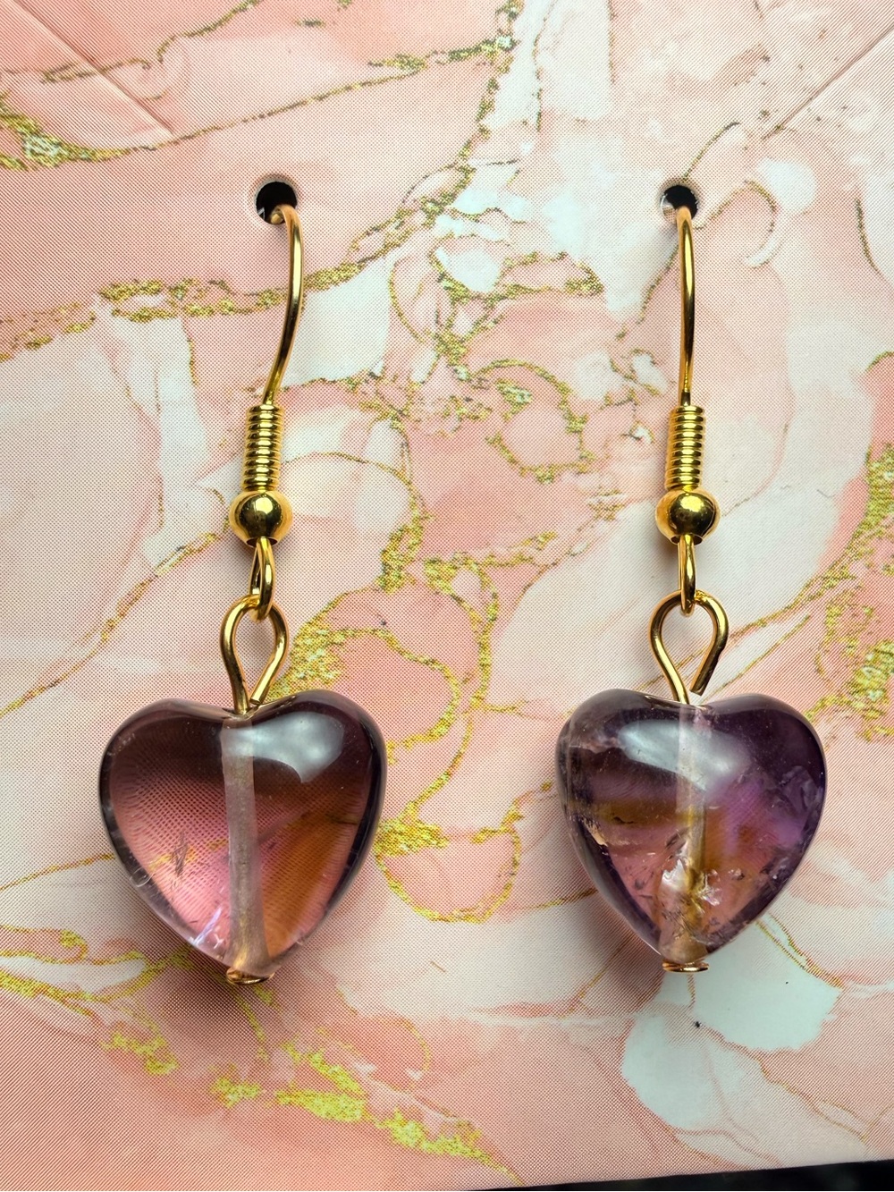 Ametrine Heart Dangle Earrings Gold Tone